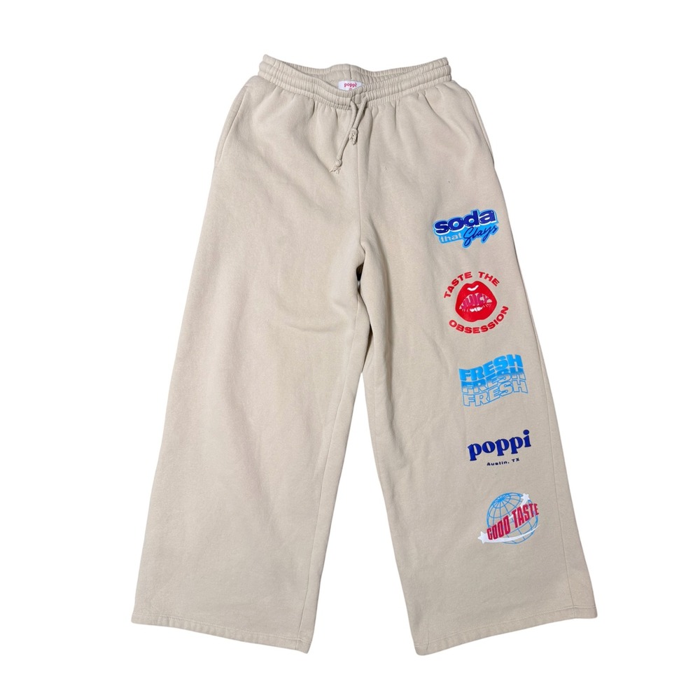 Poppi Soda Graphic Wide Leg Sweatpants Beige Size M Drawstring Fleece Joggers